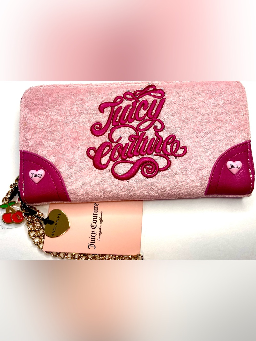 Juicy Couture Light Pink Velvet Wallet with Fuchsia Trim and Gold Charm